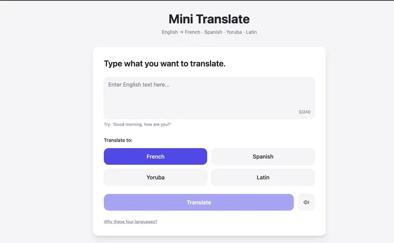 Mini Translate app interface