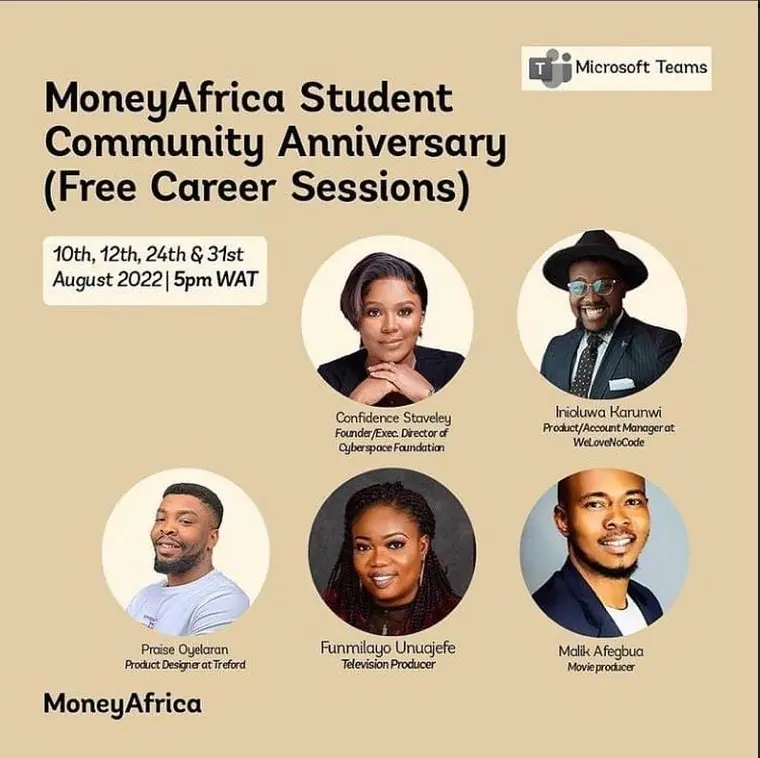MoneyAfrica Student Community career sessions panel flyer