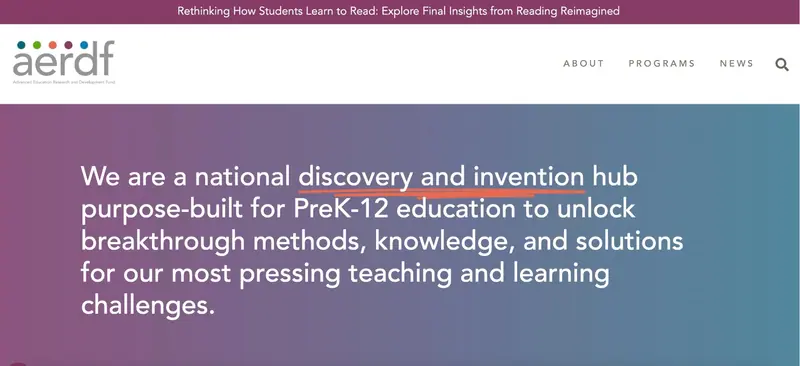AERDF homepage: a national discovery and invention hub purpose-built for PreK-12 education