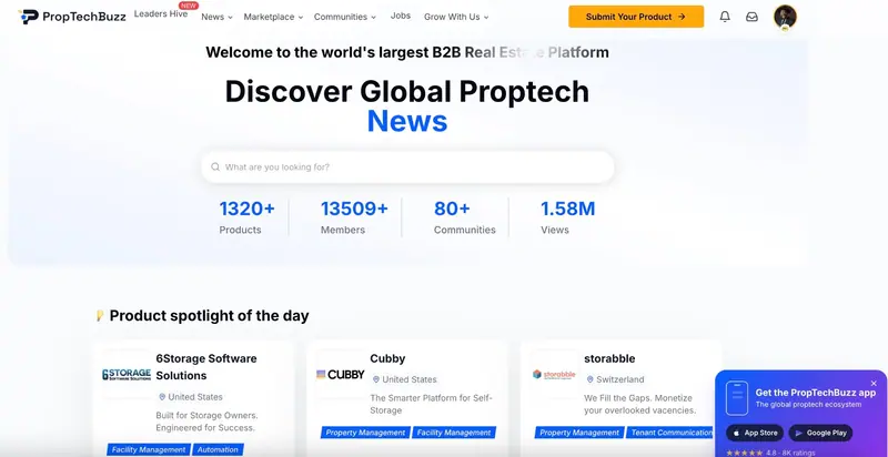 PropTechBuzz homepage: Discover Global Proptech News, with 1,320+ products and 13,509+ members, and a product spotlight