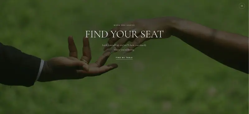 Wedding website screen: Find your seat, with two hands reaching towards each other over a green background